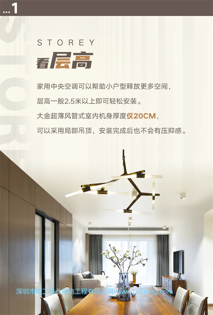 家用中央空调怎么选：看层高，大金超薄风管式室内机身厚度仅20CM，可以采用局部吊顶，安装完成后也不会有压抑感。