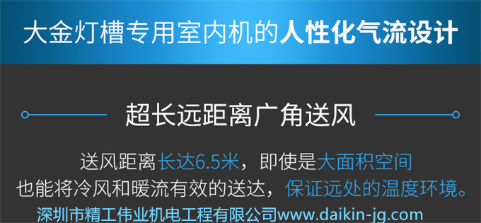 大金灯槽专用室内机的人性化气流设计，超长远距离广角送风。送风距离长达6.5米，即使是大面积空间。也能将冷风和暖流有效的送达，保证远处的温度环境。