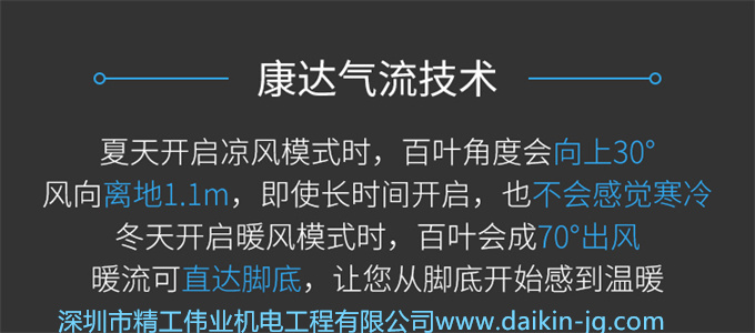 康达气流技术：夏天开启凉风模式时，百叶角度会向上30°，风向离地1.1米，即使长时间开启，也不会感觉寒冷；冬天开启暖风模式时，百叶会成70°出风；暖流可直达脚底，让您从脚底开始感到温暖。