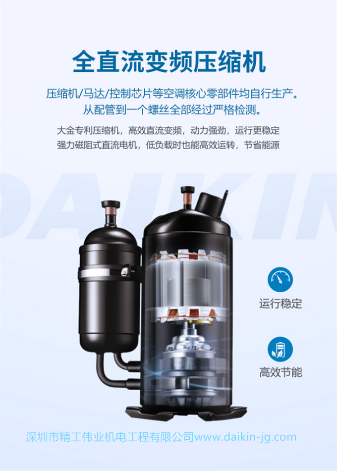 大金使用全直流变频压缩机，动力强劲，运行更稳定；强力磁阻式直流电机，低负载时也能高效运转，节省能源。