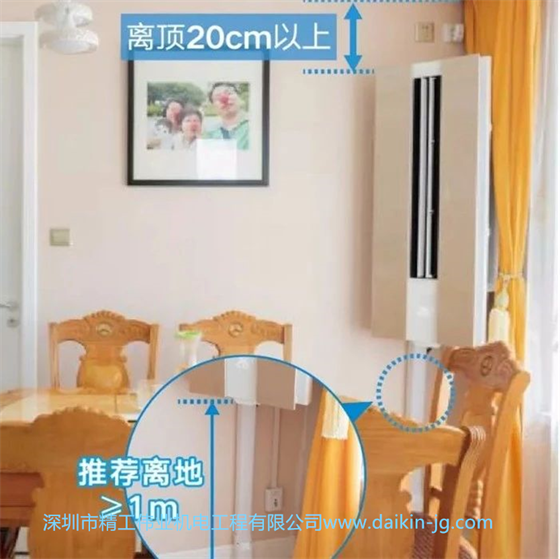 大金悬角空调安装时,建议离地1米以上,距离顶部至少20公分。 大金悬角空调安装时,建议离地1米以上,距离顶部至少20公分。