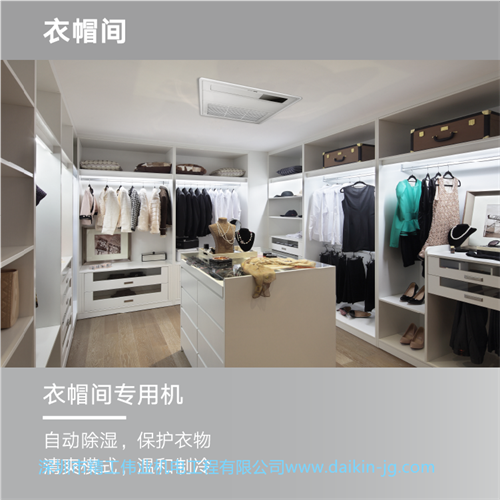 大金衣帽间专用空调的特点：自动除湿，保护衣物。清爽模式，温和制冷。